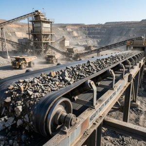 Heavy duty conveyor belt transporting abrasive rocks and bulk industrial materials