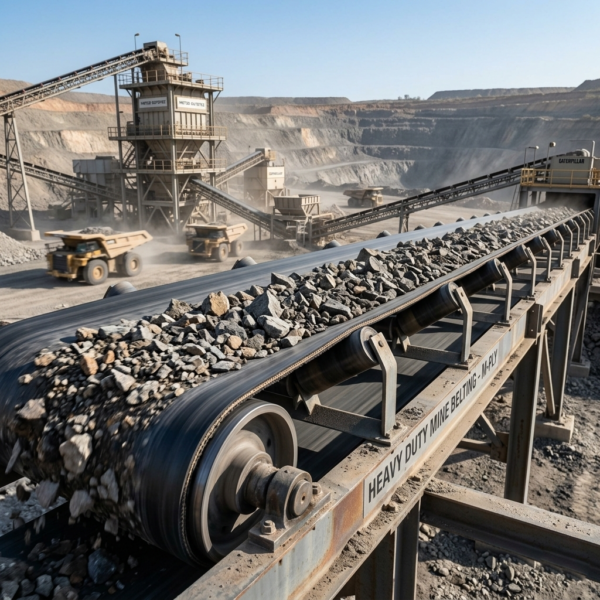 Heavy duty conveyor belt transporting abrasive rocks and bulk industrial materials