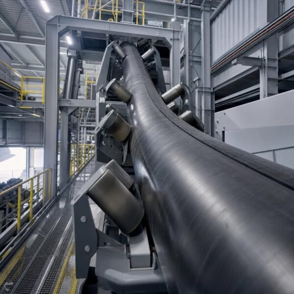 Pipe conveyor belt for enclosed bulk material transportation in a confined industrial area